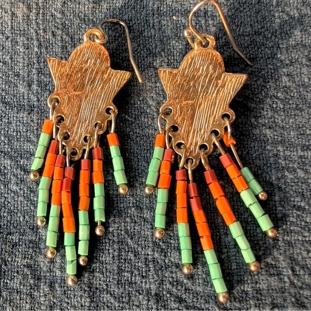 Southwestern Style BEADED Chandelier EARRINGS W/ Gold Tone Base & Faux Turquoise - Picture 4 of 7